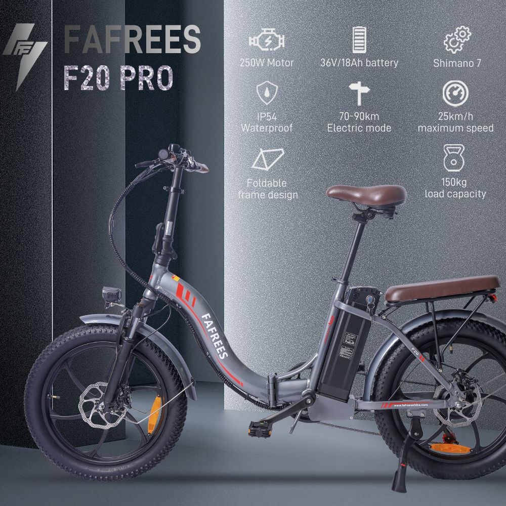 Fafrees F20 Pro Elektrofahrrad, 250W Motor, 36V 18Ah Batterie, 20*3 Zoll Reifen, 25km/h Höchstgeschwindigkeit, 150km maximale Reichweite, mechanische Scheibenbremsen, 7-Gang-Schaltung, LCD-Display – Schwarz