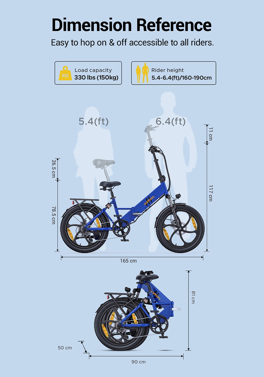 HillMiles Mile 2 Electric Bike, 250W Motor, 36V 13Ah Battery, 100km Range, 20*3 inch Tires, Dual Hydraulic Brakes - Blue