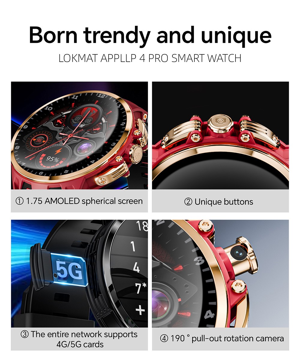 LOKMAT APPLLP 4 PRO Smartwatch, 1.75 inch AMOLED Screen, 5G Calling, NFC Function, Heart Rate Monitoring, Multiple Sports Modes - Golden