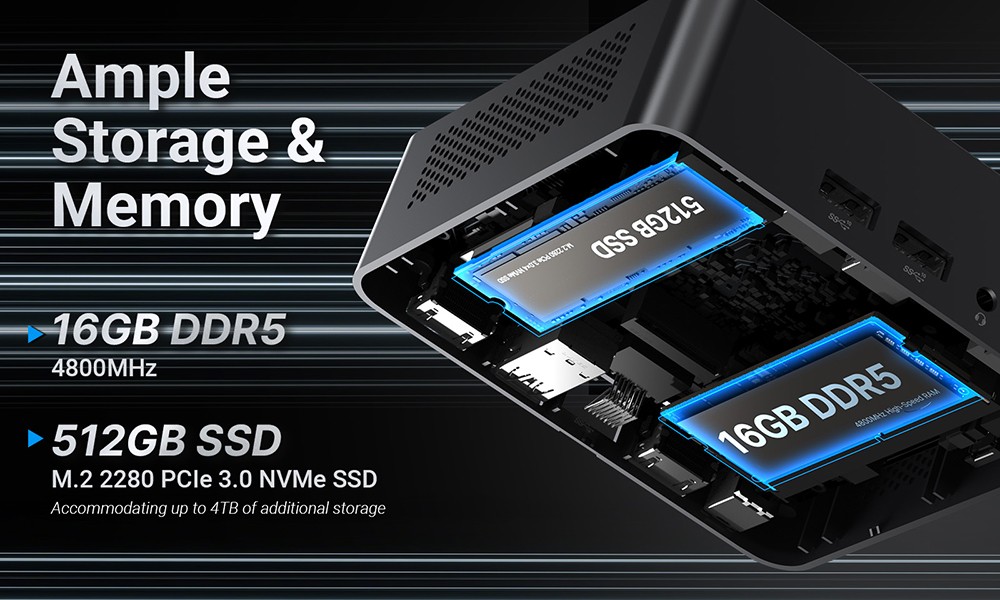 MINIX NUC355 Mini-PC, Intel Core 3 N355 (8 Kerne, max. 3,9 GHz), 16 GB RAM, 512 GB SSD, WiFi 6, Bluetooth 5.2, Triple-Display mit 2 HDMI- und 1 USB-C-Anschluss, 2 USB-A 3.2 Gen2-Anschlüsse, 1 USB-C 3.2 Gen2-Anschluss, 1 USB-A 3.2-Anschluss, 1 USB-A 2.0-Anschluss, 1 RJ45-Anschluss, 1 Audioanschluss (EU/UK/US-Stecker)