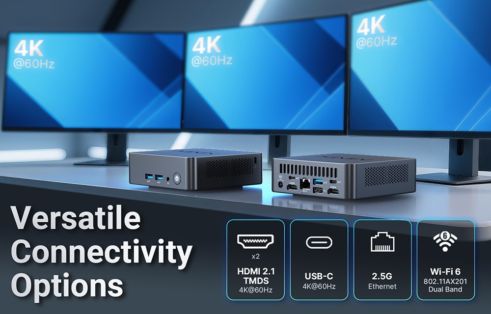 MINIX NUC355 Mini-PC, Intel Core 3 N355 (8 Kerne, max. 3,9 GHz), 16 GB RAM, 512 GB SSD, WiFi 6, Bluetooth 5.2, Triple-Display mit 2 HDMI- und 1 USB-C-Anschluss, 2 USB-A 3.2 Gen2-Anschlüsse, 1 USB-C 3.2 Gen2-Anschluss, 1 USB-A 3.2-Anschluss, 1 USB-A 2.0-Anschluss, 1 RJ45-Anschluss, 1 Audioanschluss (EU/UK/US-Stecker)