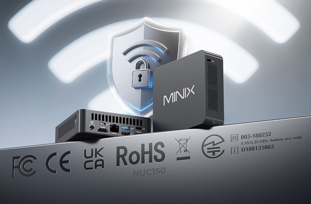 MINIX NUC355 Mini-PC, Intel Core 3 N355 (8 Kerne, max. 3,9 GHz), 16 GB RAM, 512 GB SSD, WiFi 6, Bluetooth 5.2, Triple-Display mit 2 HDMI- und 1 USB-C-Anschluss, 2 USB-A 3.2 Gen2-Anschlüsse, 1 USB-C 3.2 Gen2-Anschluss, 1 USB-A 3.2-Anschluss, 1 USB-A 2.0-Anschluss, 1 RJ45-Anschluss, 1 Audioanschluss (EU/UK/US-Stecker)