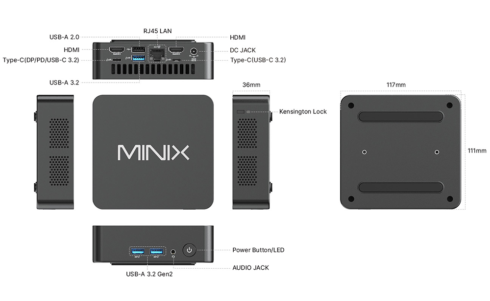 MINIX NUC355 Mini-PC, Intel Core 3 N355 (8 Kerne, max. 3,9 GHz), 16 GB RAM, 512 GB SSD, WiFi 6, Bluetooth 5.2, Triple-Display mit 2 HDMI- und 1 USB-C-Anschluss, 2 USB-A 3.2 Gen2-Anschlüsse, 1 USB-C 3.2 Gen2-Anschluss, 1 USB-A 3.2-Anschluss, 1 USB-A 2.0-Anschluss, 1 RJ45-Anschluss, 1 Audioanschluss (EU/UK/US-Stecker)