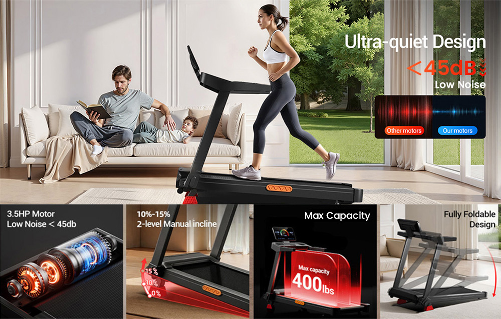 ROBORE L20 Laufband, 3,5 PS bürstenloser Motor, 15 % verstellbare Steigung, 14 km/h Geschwindigkeit, 180 kg maximale Belastung, 40 × 107 cm Laufband, LED-Anzeige und Herzfrequenz-Handläufe