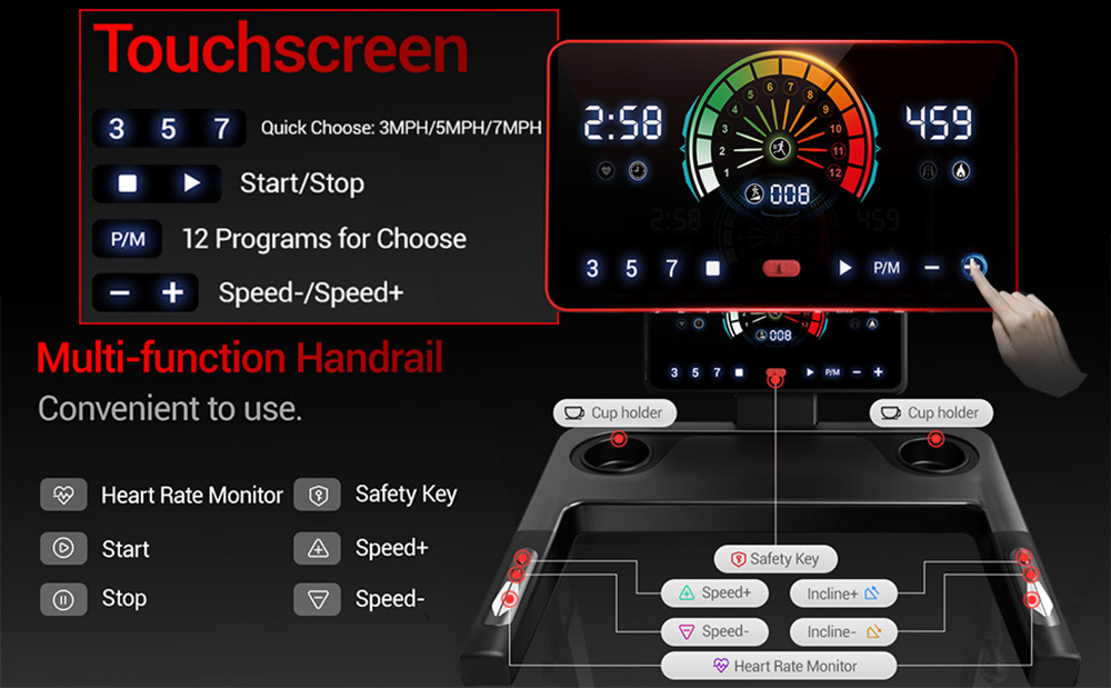 ROBORE L20 Laufband, 3,5 PS bürstenloser Motor, 15 % verstellbare Steigung, 14 km/h Geschwindigkeit, 180 kg maximale Belastung, 40 × 107 cm Laufband, LED-Anzeige und Herzfrequenz-Handläufe