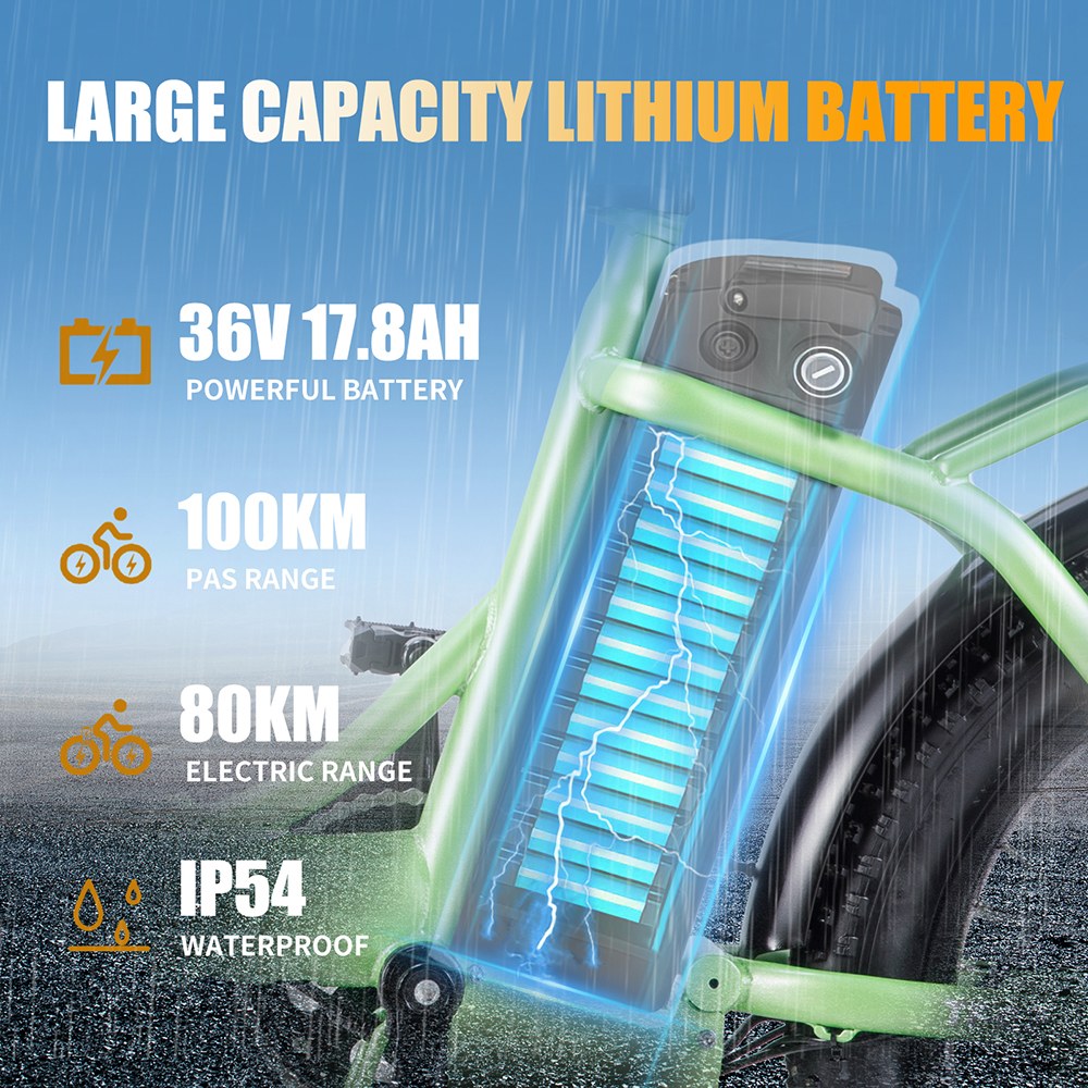 TWOFISH TF02 Electric Bike, 250W Motor, 36V 17.8Ah Battery, 20*4 inch Tires, 25km/h Max Speed, 100km Range, Mechanical Disc Brakes, Front Fork Suspension, 7-speed - Green