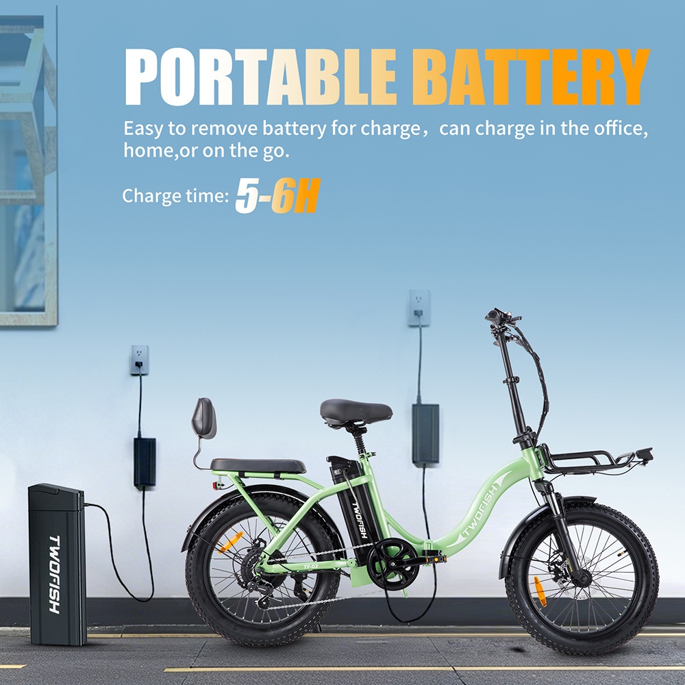 TWOFISH TF02 Electric Bike, 250W Motor, 36V 17.8Ah Battery, 20*4 inch Tires, 25km/h Max Speed, 100km Range, Mechanical Disc Brakes, Front Fork Suspension, 7-speed - Green