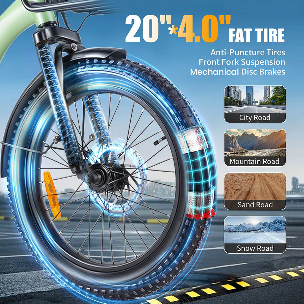 TWOFISH TF02 Electric Bike, 250W Motor, 36V 17.8Ah Battery, 20*4 inch Tires, 25km/h Max Speed, 100km Range, Mechanical Disc Brakes, Front Fork Suspension, 7-speed - Light Blue