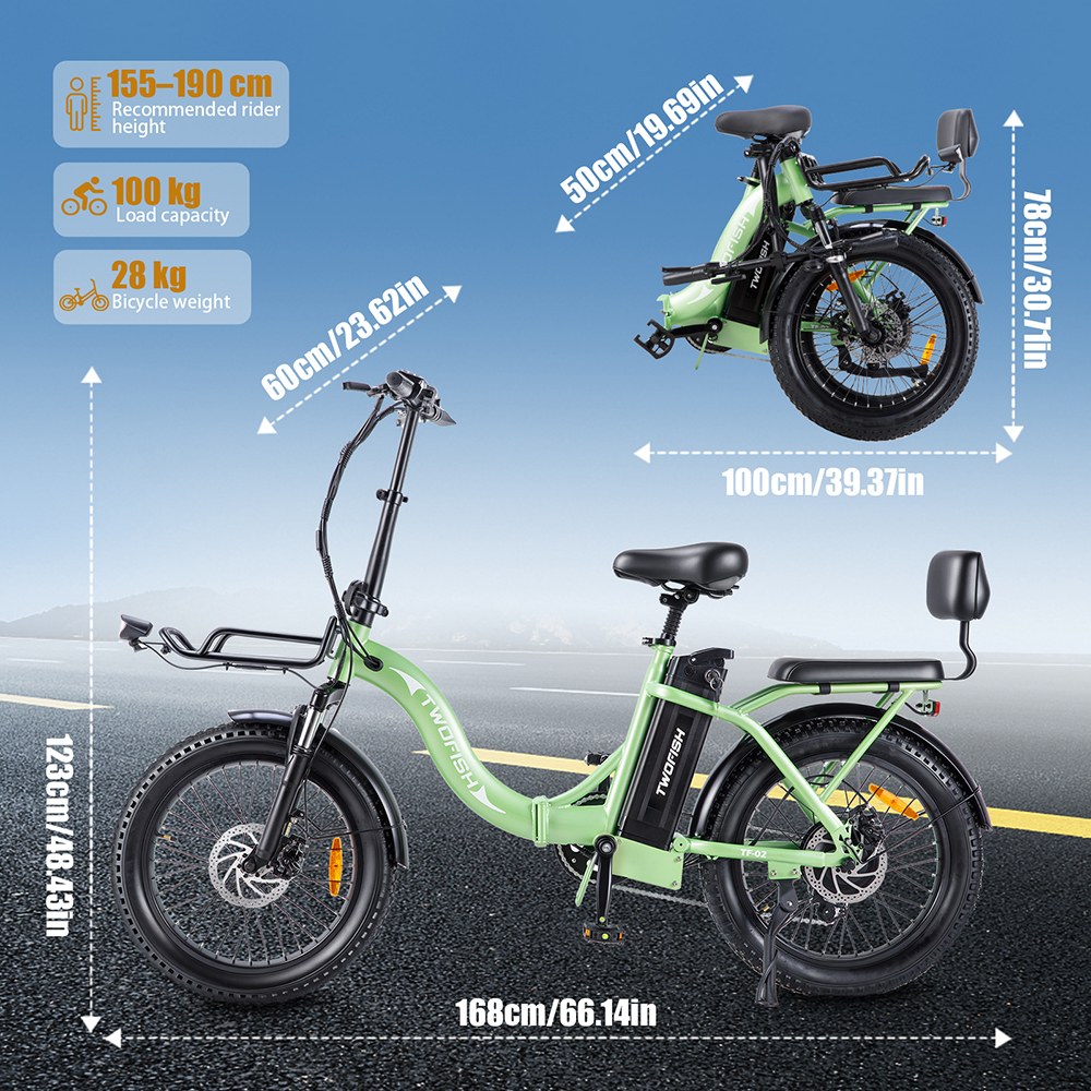 TWOFISH TF02 Electric Bike, 250W Motor, 36V 17.8Ah Battery, 20*4 inch Tires, 25km/h Max Speed, 100km Range, Mechanical Disc Brakes, Front Fork Suspension, 7-speed - Light Blue