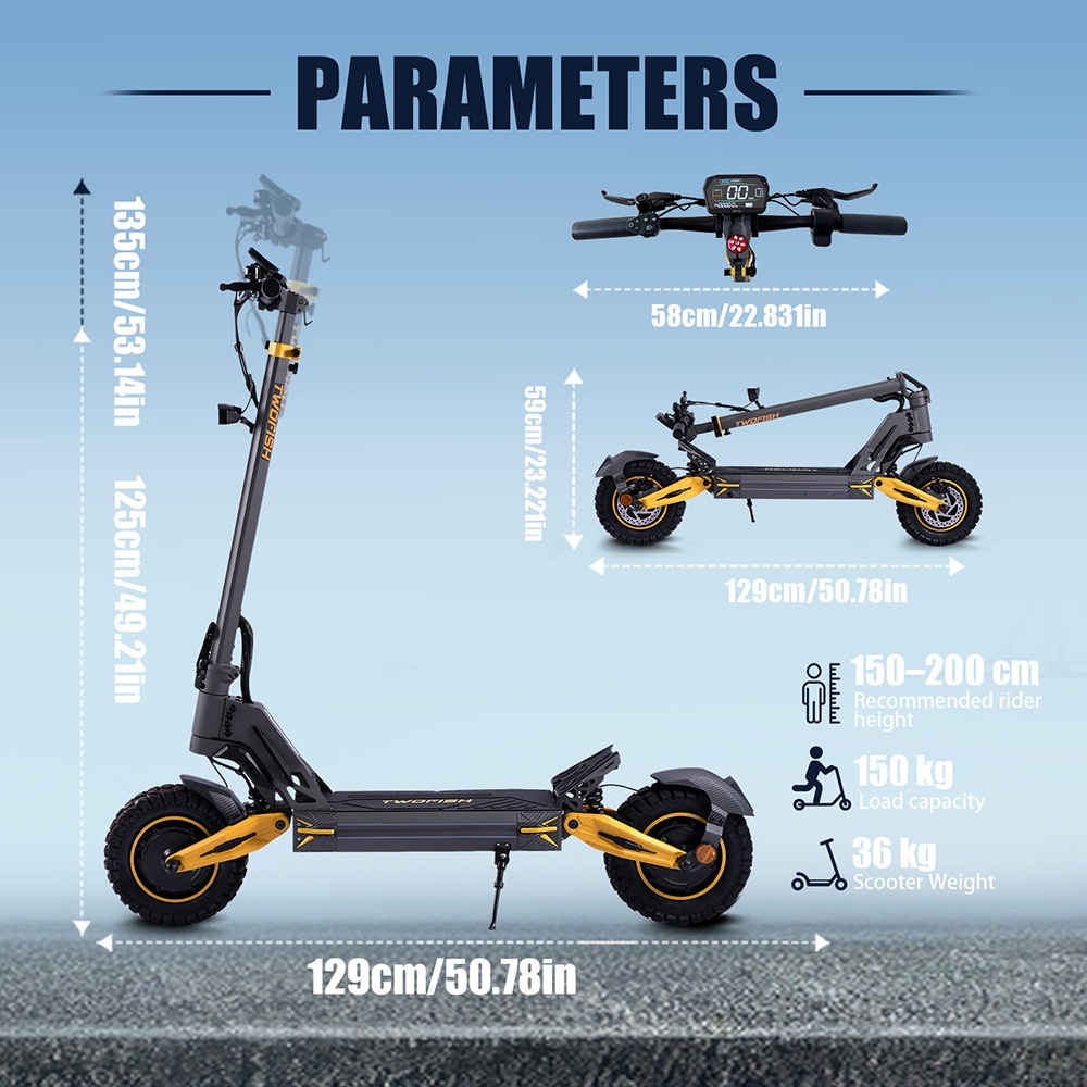 TWOFISH TW4 PRO Electric Scooter, 2*1000W Motor, 60V 23Ah Battery, 12 inch Tires, 72km/h Max Speed, 55km Range, Front and Rear Spring Shock Absorbers, LCD Display