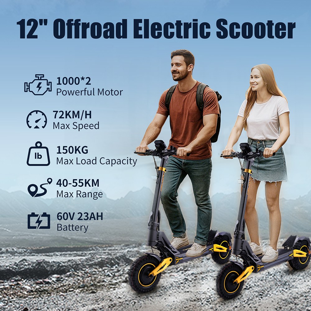 TWOFISH TW4 PRO Electric Scooter, 2*1000W Motor, 60V 23Ah Battery, 12 inch Tires, 72km/h Max Speed, 55km Range, Front and Rear Spring Shock Absorbers, LCD Display