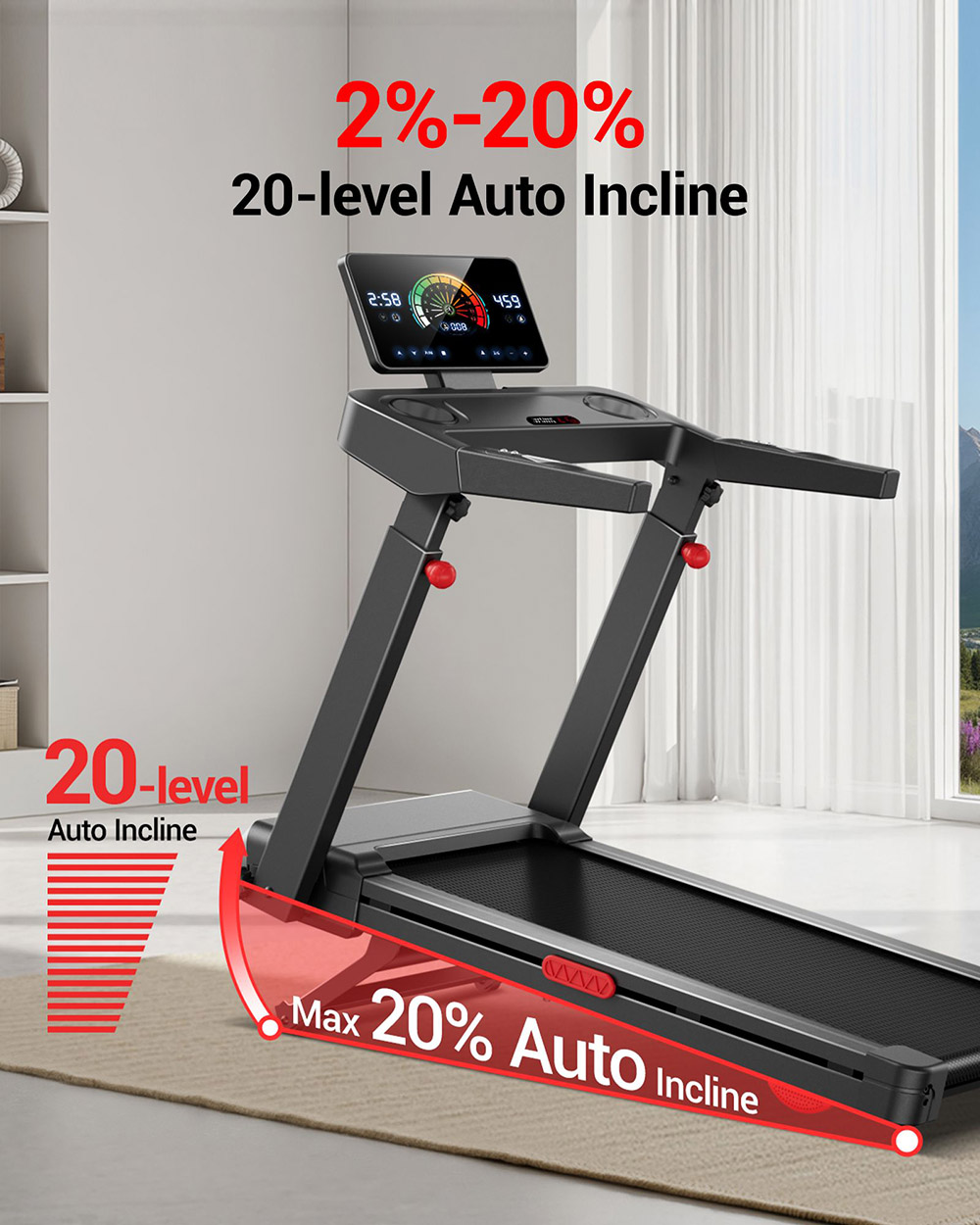 UMAY L10 Treadmill with 20% Auto Incline, 3.5HP Brushless Motor, 400lbs Max Load, 108cmx41.2cm Walking Area, Adjustable Height & Touchscreen Display, 6.5" Ultra-Slim Fold for Family Use