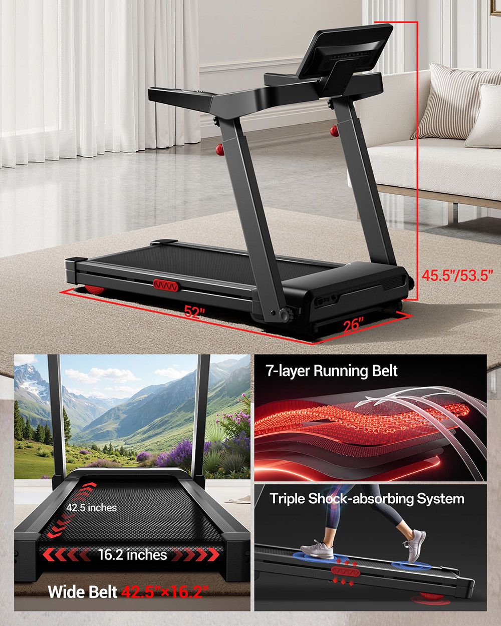 UMAY L10 Treadmill with 20% Auto Incline, 3.5HP Brushless Motor, 400lbs Max Load, 108cmx41.2cm Walking Area, Adjustable Height & Touchscreen Display, 6.5" Ultra-Slim Fold for Family Use