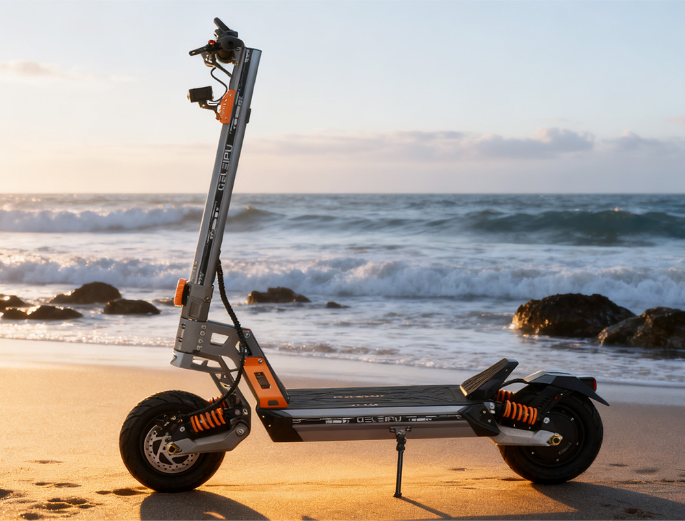 GELEIPU GT EVO elektromos robogó, 1600 W*2 motor, 60 V 36 Ah akkumulátor, 11 hüvelykes gumik, 86 km/h maximális sebesség, 95 km hatótáv, hidraulikus fékek, hidraulikus rugós lengéscsillapító