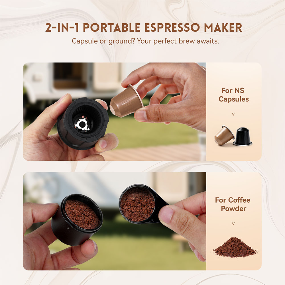 Hydrofast PO-100 Portable Espresso Maker, 20-Bar Pressure, 9600mAh Battery, 2-in-1 Capsule & Ground Coffee, Wireless Heating, Compact Travel Design