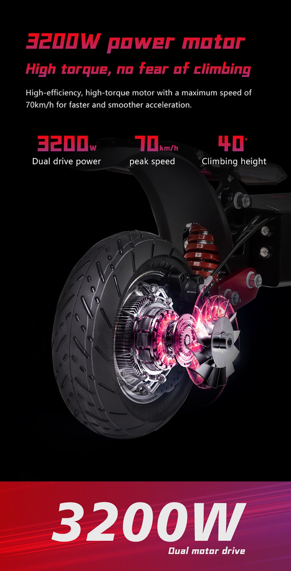 BOYUEDA Q7 Pro Max Elektromos Roller, 1600 W-os * 2 Motor, 52 V 28 Ah Akkumulátor, 10 hüvelykes gumiabroncs, 70 km/h Max. Sebesség, 110 km Hatótávolság, Dupla Hidraulikus Tárcsafék, Első Hidraulikus Lengéscsillapító & Hátsó Rugós Lengéscsillapító, LCD Kijelző