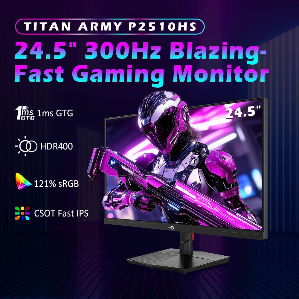 TITAN ARMY P2510HS gamer monitor, 24,5 hüvelykes 1920*1080 CSOT Gyors IPS Kijelző, 300Hz 240Hz Frissítési Frekvencia, HDR400, 1 ms GTG Válaszidő, Adaptív Szinkronizáció, Hardveres Alacsony Kék Fény Kiegyenlítés, Játéktámogatás, VESA Rögzítés