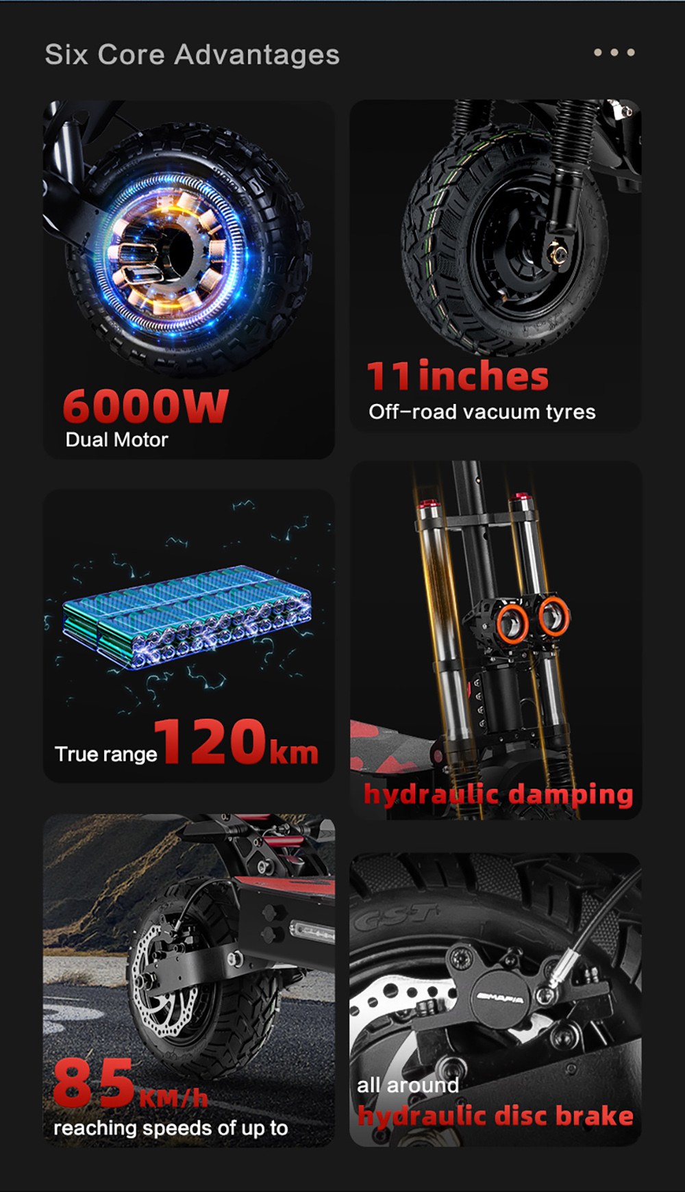 BOYUEDA S3-11 Elektromos Roller, 3000W*2 Motor 85km/h Max. Sebesség, 60V 38Ah Akkumulátor Akár 120km Hatótávolság, 11 hüvelykes Fűrészfogas Vákumos Terepjáró Abroncs, Dupla Hidraulikus Tárcsafék, Hidraulikus Csillapítás, 45°-os Emelkedő LCD Kijelző Körbejárható Világítás és Irányjelző