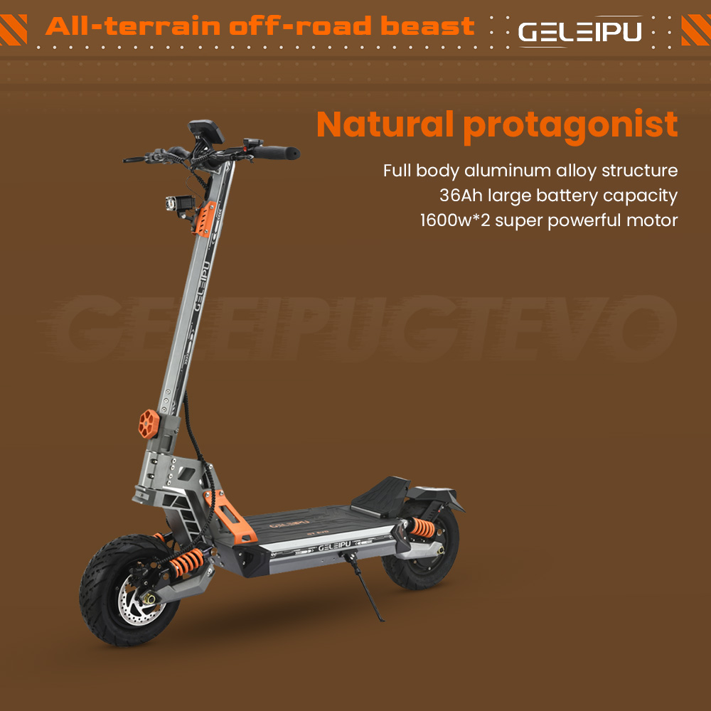 GELEIPU GT EVO elektromos robogó, 1600 W*2 motor, 60 V 36 Ah akkumulátor, 11 hüvelykes gumik, 86 km/h maximális sebesség, 95 km hatótáv, hidraulikus fékek, hidraulikus rugós lengéscsillapító
