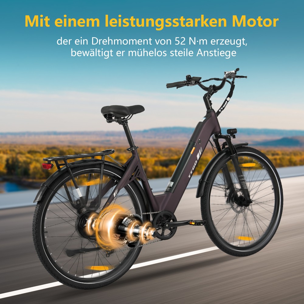 TTGO C3 SE Elektrofahrrad, 250W Motor, 36V 18Ah Batterie, 28 Zoll Reifen, 25 km/h Höchstgeschwindigkeit, 120 km maximale Reichweite, mechanische Bremsen, Vorderradfederung, Shimano 7-Gang - Lila