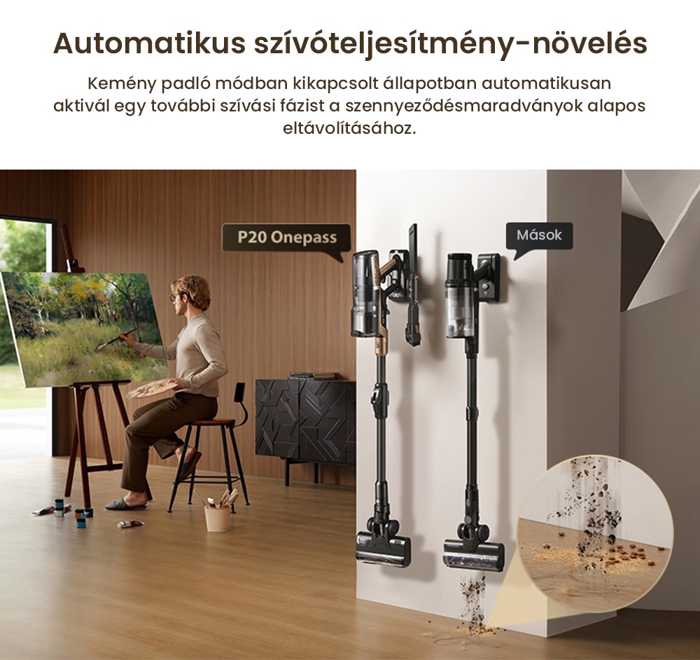 Proscenic P20 OnePass Vezeték Nélküli Porszívó, 70000Pa Szívóerő, 70 Perc Üzemidő, 680W Kefe Nélküli Motor, 180°-ban Hajlítható Cső, Nedves és Száraz Tisztítás Extra Víztartállyal