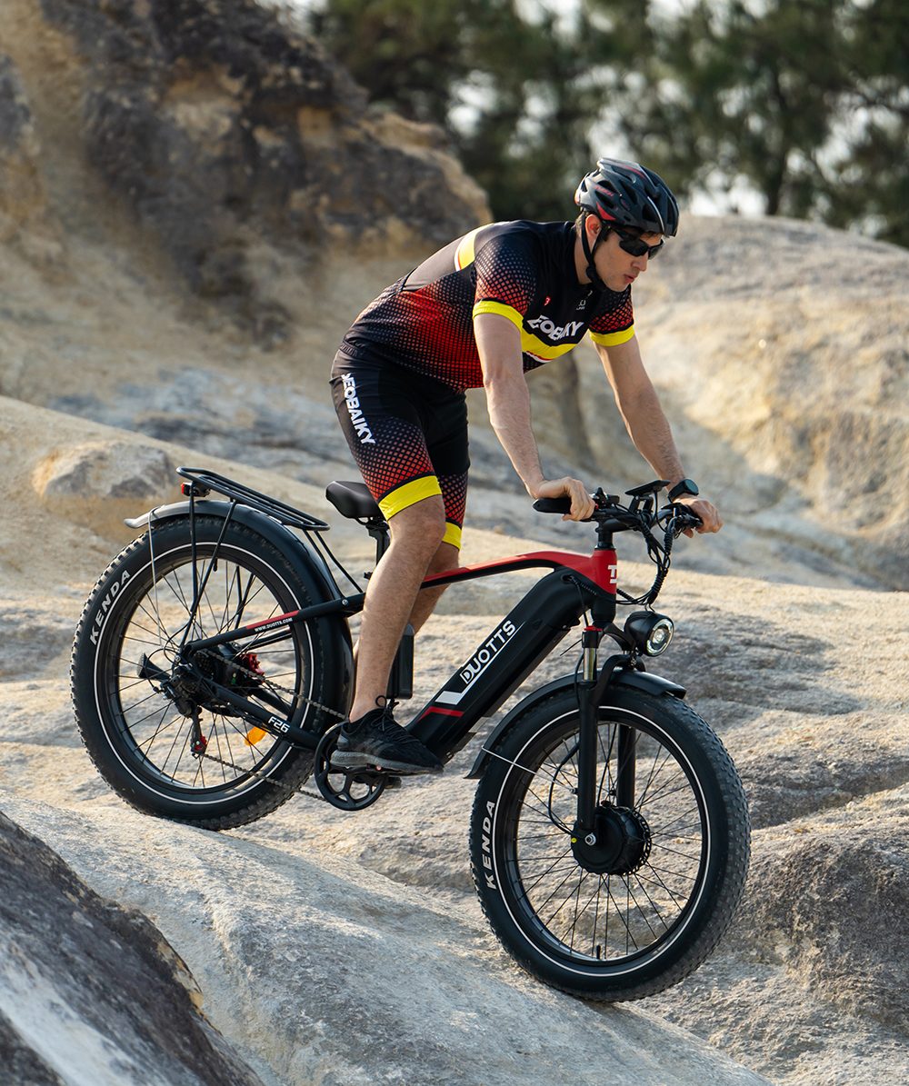 DUOTTS F26 Lite Electric Bike, 500W Motor, 48V 18Ah Battery, 26*4.0 inch Tires, 50km/h Max Speed, 90km Range, Hydraulic Disc Brake, Front Fork Hydraulic Suspension, Shimano 7-speed, APP Control - Black Red