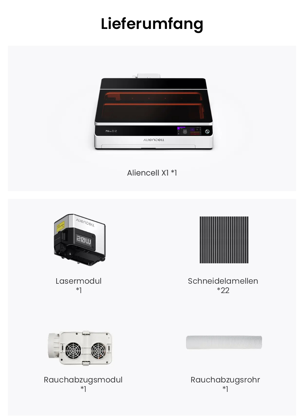 Aliencell X1 40W Lasergravierer + Air Assist Pro + Luftreiniger