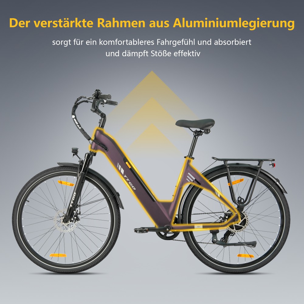 TTGO C3 SE Elektrofahrrad, 250W Motor, 36V 18Ah Batterie, 28 Zoll Reifen, 25 km/h Höchstgeschwindigkeit, 120 km maximale Reichweite, mechanische Bremsen, Vorderradfederung, Shimano 7-Gang - Lila