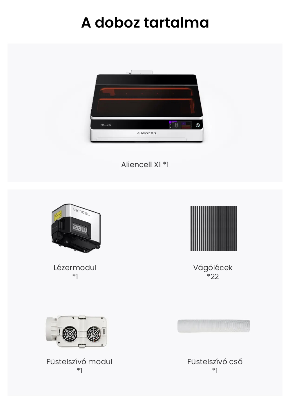 Aliencell X1 40W Asztali Diódalézer Gravírozó + Air Assist Pro, Sebesség 600 mm/s, Pontméret 0,08×0,1 mm, Munkaterület 610×477 mm, Dupla 8MP Autofókuszos Kamera, Önálló Érintőképernyő, 300+ Anyag és Fájlformátum Támogatás