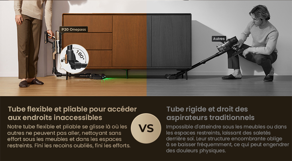 Proscenic P20 OnePass Aspirateur Sans Fil, Suction de 70000Pa, Autonomie de 70 Minutes, Moteur Brushless de 680W, Tube Flexible à 180°, Nettoyage Humide et Sec avec Réservoir d’Eau Supplémentaire