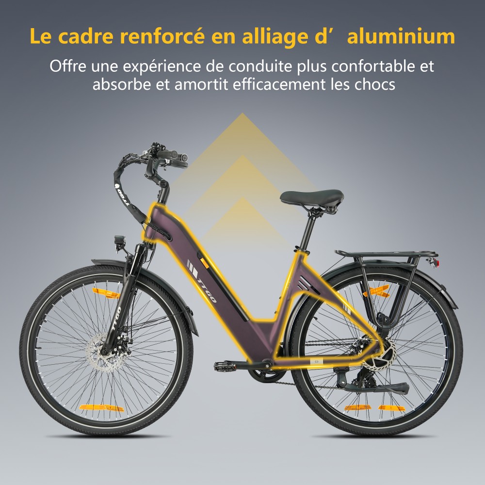 TTGO C3 SE Vélo électrique, moteur 250W, batterie 36V 18Ah, pneus de 28 pouces, vitesse maximale de 25 km/h, autonomie maximale de 120 km, freins à disque mécaniques, fourche à suspension avant, Shimano 7 vitesses - Violet