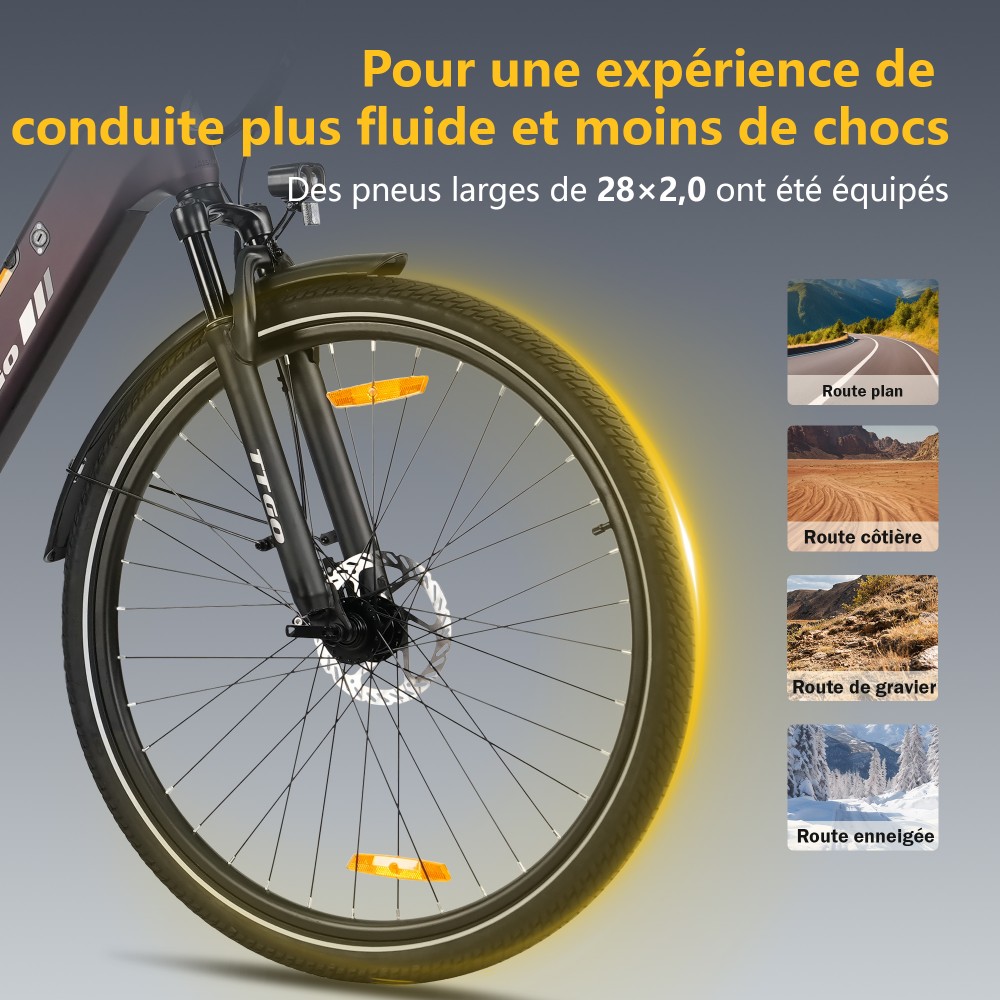 TTGO C3 SE Vélo électrique, moteur 250W, batterie 36V 18Ah, pneus de 28 pouces, vitesse maximale de 25 km/h, autonomie maximale de 120 km, freins à disque mécaniques, fourche à suspension avant, Shimano 7 vitesses - Violet
