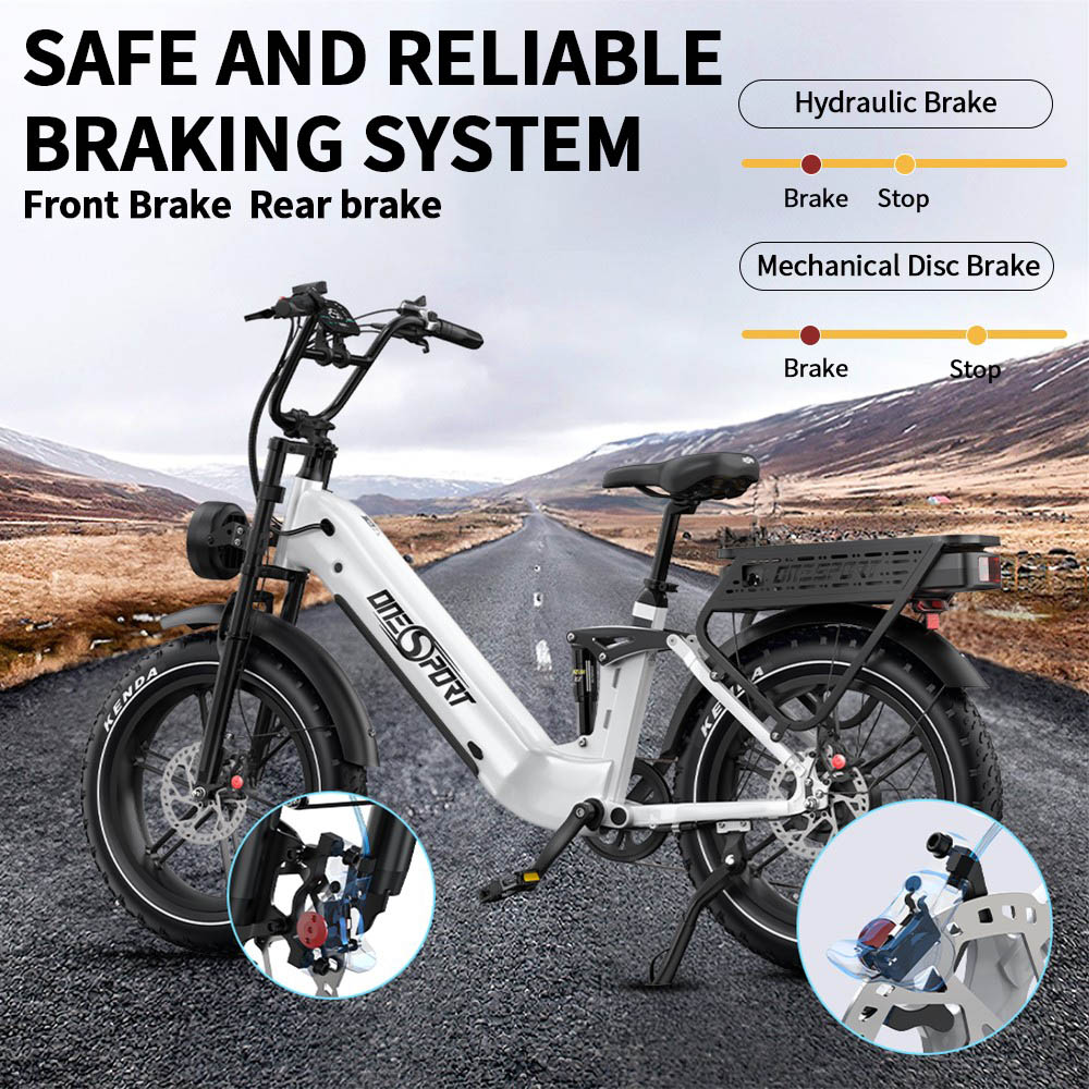 ONESPORT OT08 Pro elektromos kerékpár, 500 W-os motor, 2 x 48 V-os 18 Ah-s akkumulátor, 20 x 4,0 hüvelykes gumiabroncsok, 25 km/h maximális sebesség, 190 km-es hatótávolság, elöl és hátul olajos tárcsafékek, teleszkópvilla, Shimano 7 sebességes - fehér
