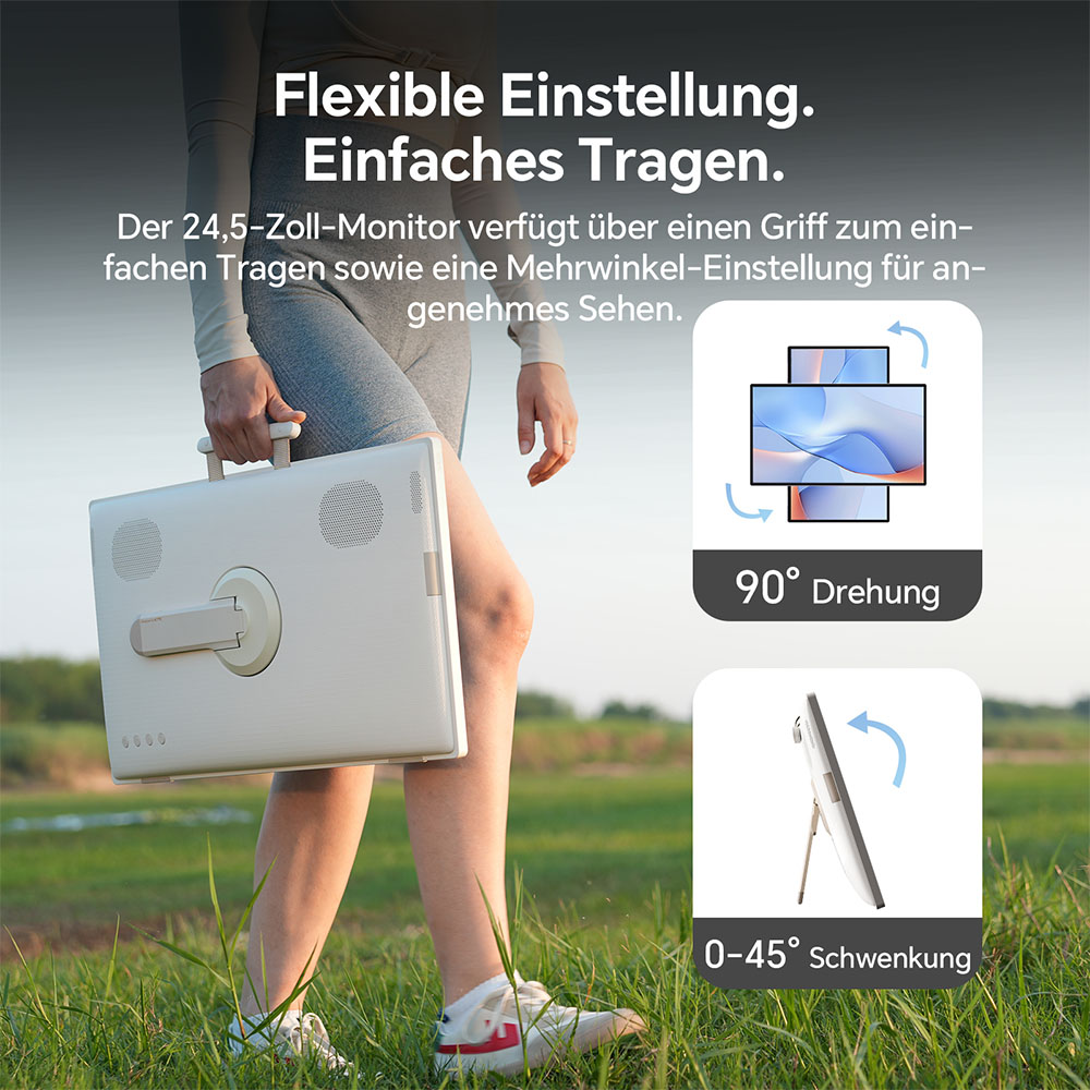 KTC A25Q5 24,5 Zoll tragbarer Touchscreen-Monitor, 1920*1080 Bildschirmauflösung, Google EDLA, Android 14, 8 GB RAM + 128 GB Speicher, 2*8W + 2*4W Lautsprecher, bis zu 8 Stunden Akkulaufzeit, 0-45° Schwenkwinkel und 90° Drehfunktion