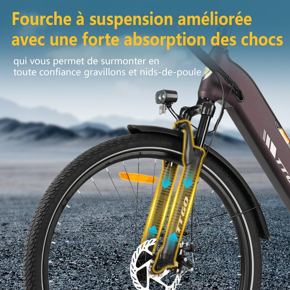 TTGO C3 SE Vélo électrique, moteur 250W, batterie 36V 18Ah, pneus de 28 pouces, vitesse maximale de 25 km/h, autonomie maximale de 120 km, freins à disque mécaniques, fourche à suspension avant, Shimano 7 vitesses - Violet