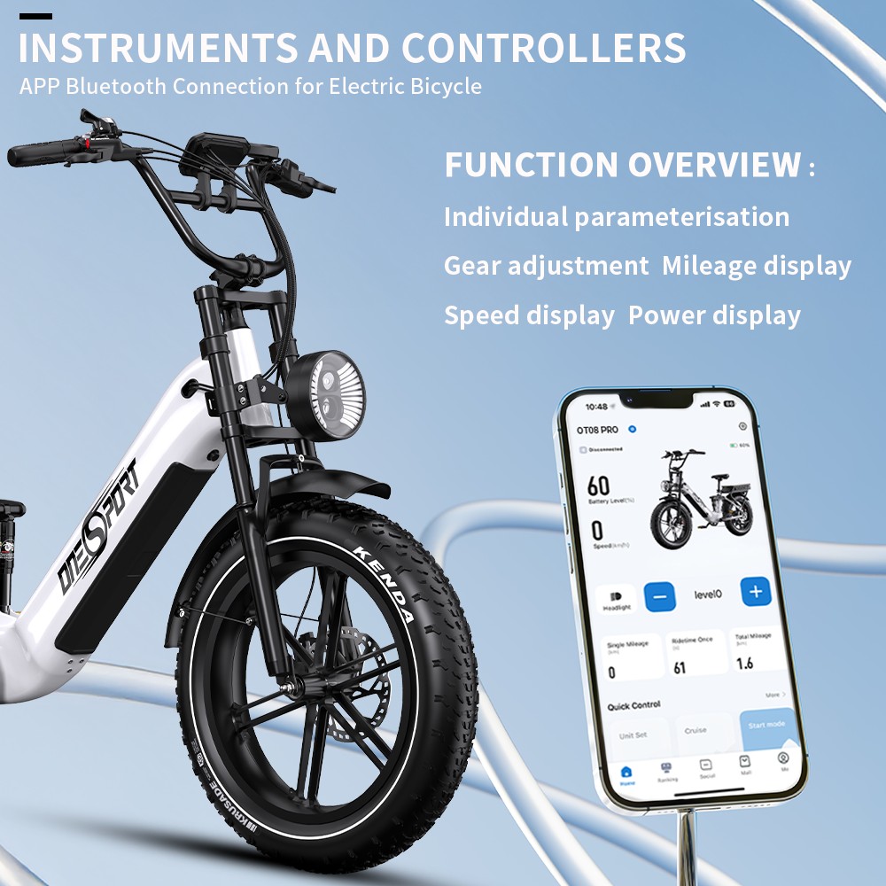 ONESPORT OT08 Pro elektromos kerékpár, 500 W-os motor, 2 x 48 V-os 18 Ah-s akkumulátor, 20 x 4,0 hüvelykes gumiabroncsok, 25 km/h maximális sebesség, 190 km-es hatótávolság, elöl és hátul olajos tárcsafékek, teleszkópvilla, Shimano 7 sebességes - fehér