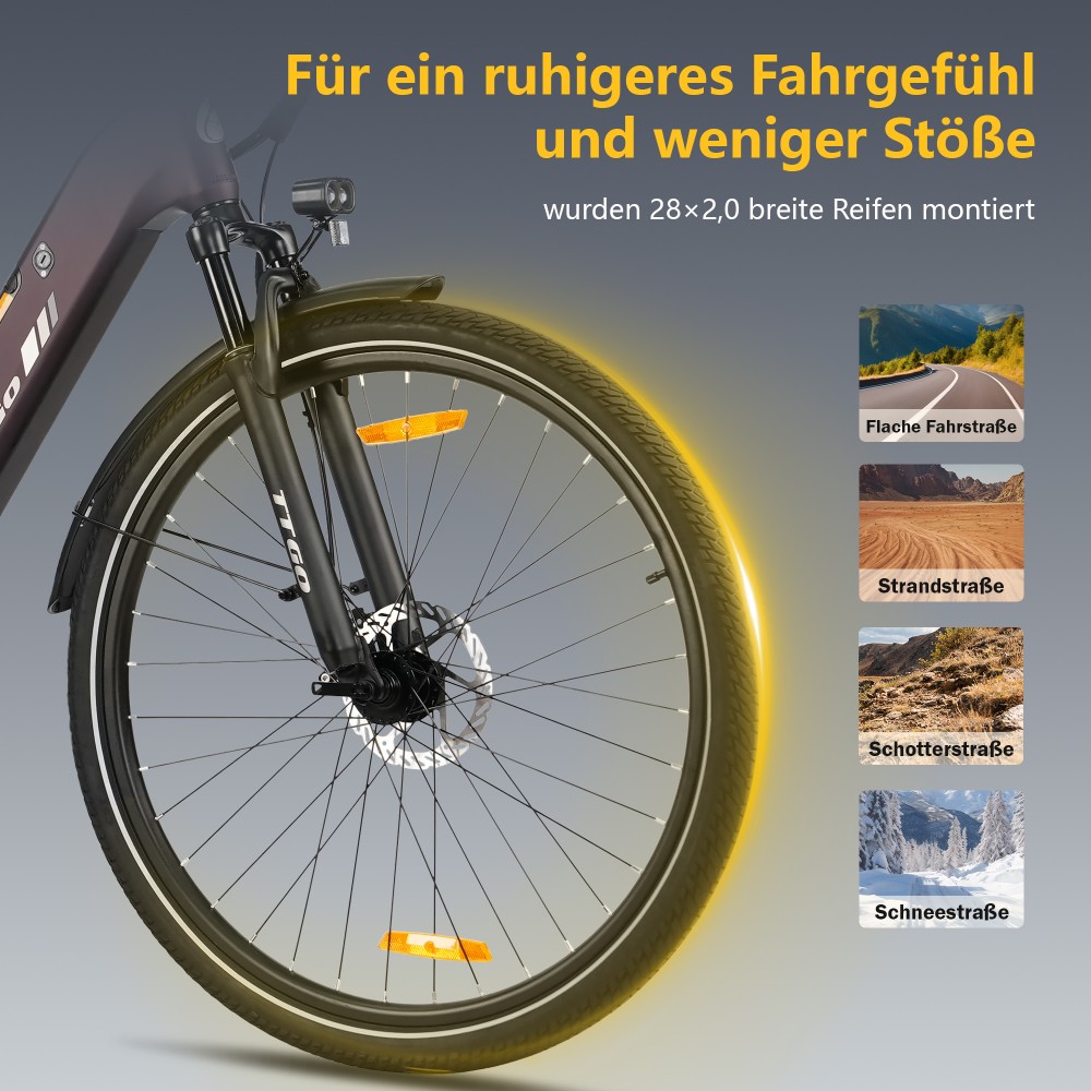 TTGO C3 SE Elektrofahrrad, 250W Motor, 36V 18Ah Batterie, 28 Zoll Reifen, 25 km/h Höchstgeschwindigkeit, 120 km maximale Reichweite, mechanische Bremsen, Vorderradfederung, Shimano 7-Gang - Lila