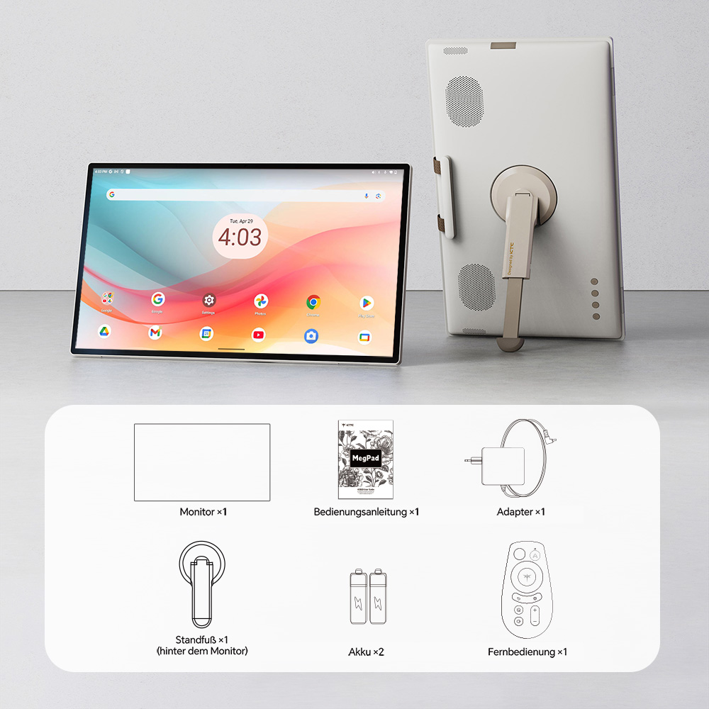 KTC A25Q5 24,5 Zoll tragbarer Touchscreen-Monitor, 1920*1080 Bildschirmauflösung, Google EDLA, Android 14, 8 GB RAM + 128 GB Speicher, 2*8W + 2*4W Lautsprecher, bis zu 8 Stunden Akkulaufzeit, 0-45° Schwenkwinkel und 90° Drehfunktion