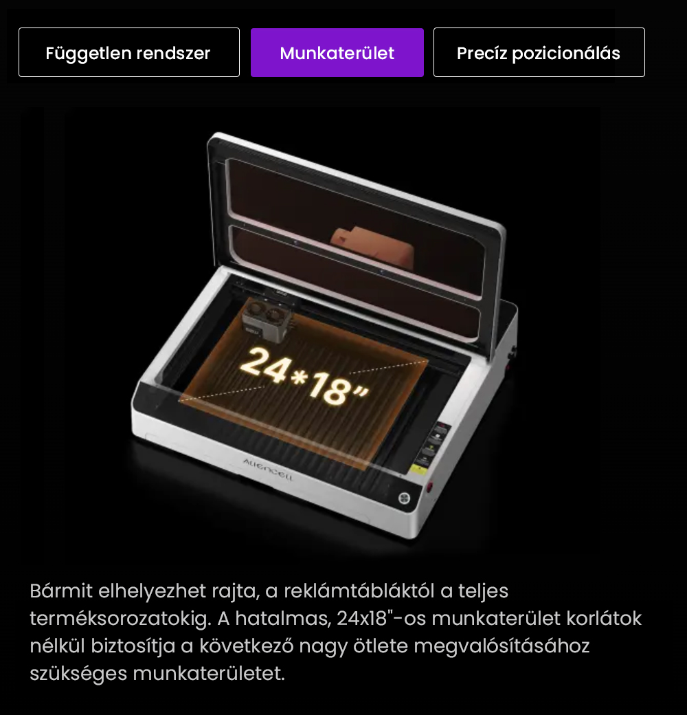 Aliencell X1 40W Asztali Diódalézer Gravírozó + Air Assist Pro, Sebesség 600 mm/s, Pontméret 0,08×0,1 mm, Munkaterület 610×477 mm, Dupla 8MP Autofókuszos Kamera, Önálló Érintőképernyő, 300+ Anyag és Fájlformátum Támogatás