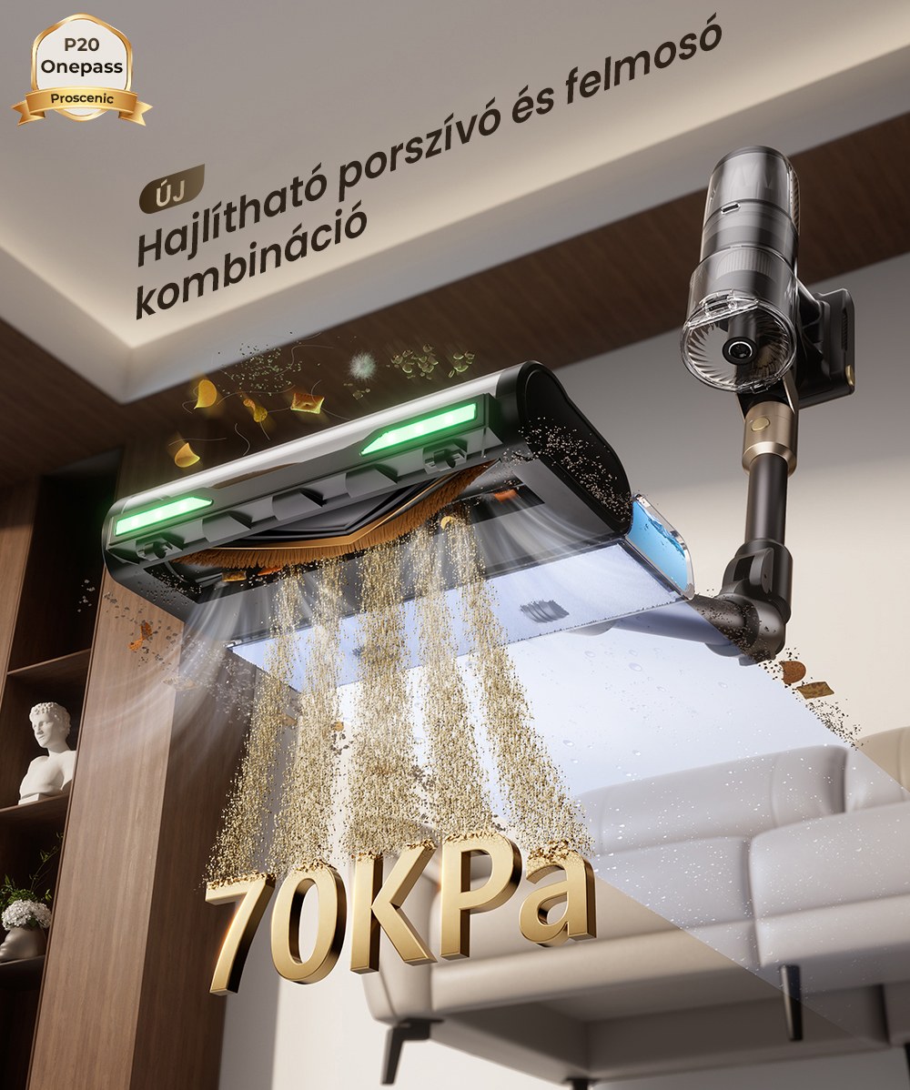 Proscenic P20 OnePass Vezeték Nélküli Porszívó, 70000Pa Szívóerő, 70 Perc Üzemidő, 680W Kefe Nélküli Motor, 180°-ban Hajlítható Cső, Nedves és Száraz Tisztítás Extra Víztartállyal