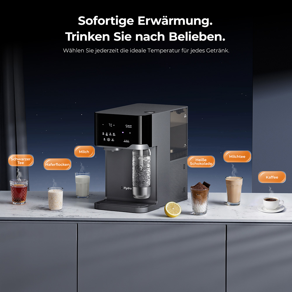 Hydrofast C300 RO Arbeitsplatten-Wasserreiniger, Eis- und Sprudelwasserspender, 6-stufige Filterung mit UV-Sterilisation, 5L Rohwassertank & 1,5L Reinwassertank, einstellbare Temperatur & Menge, Intelligentes TDS-Display