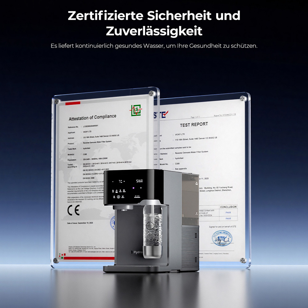Hydrofast C300 RO Arbeitsplatten-Wasserreiniger, Eis- und Sprudelwasserspender, 6-stufige Filterung mit UV-Sterilisation, 5L Rohwassertank & 1,5L Reinwassertank, einstellbare Temperatur & Menge, Intelligentes TDS-Display