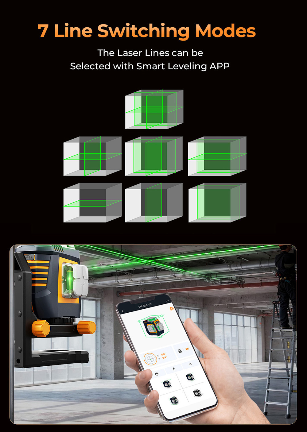 CIGMAN CM-S05 12-Linien-Laser-Nivelliergerät, Gestensteuerung, 3 × 360°-Grünlaser, ±3°-Selbstnivellierung, LCD-Echtzeitanzeige, 4 Helligkeitsstufen, IP54