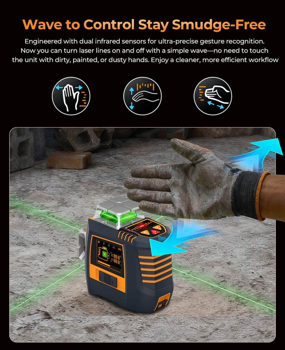 CIGMAN CM-S05 12-Linien-Laser-Nivelliergerät, Gestensteuerung, 3 × 360°-Grünlaser, ±3°-Selbstnivellierung, LCD-Echtzeitanzeige, 4 Helligkeitsstufen, IP54