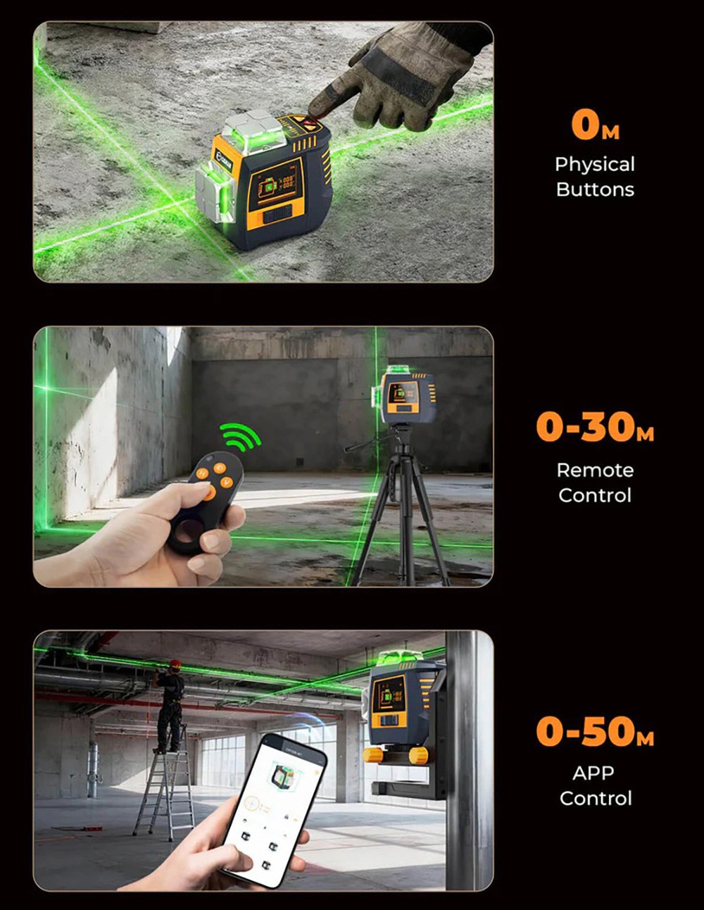 CIGMAN CM-S05 12-Linien-Laser-Nivelliergerät, Gestensteuerung, 3 × 360°-Grünlaser, ±3°-Selbstnivellierung, LCD-Echtzeitanzeige, 4 Helligkeitsstufen, IP54