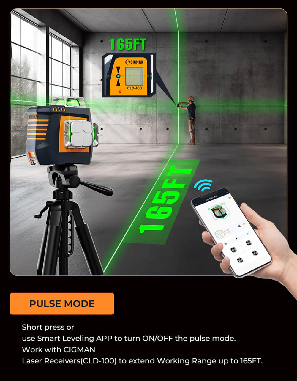 CIGMAN CM-S05 12-Linien-Laser-Nivelliergerät, Gestensteuerung, 3 × 360°-Grünlaser, ±3°-Selbstnivellierung, LCD-Echtzeitanzeige, 4 Helligkeitsstufen, IP54
