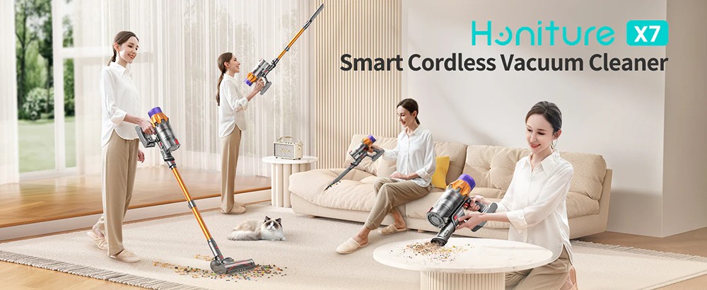 Honiture X7 Cordless Vacuum Cleaner, 45KPa Powerful Suction, 60 Mins Runtime, 1.5L Dust Capacity, Self-Standing 3-in-1 Stick Vacuum, LED Touchscreen, 7-Layer HEPA Filtration, Quiet ≤68 dB
