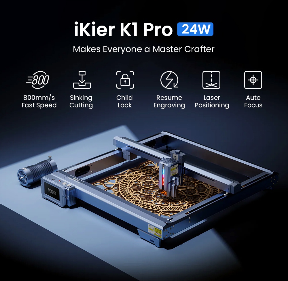 IKIER K1 Pro 24W Lasergravierer, 410 mm × 410 mm Arbeitsbereich, 800 mm/s Geschwindigkeit, 0,08 mm × 0,1 mm Laserfleck, 0,01 mm Präzision, Autofokus, automatisches Versenken und Schneiden in einem Durchgang