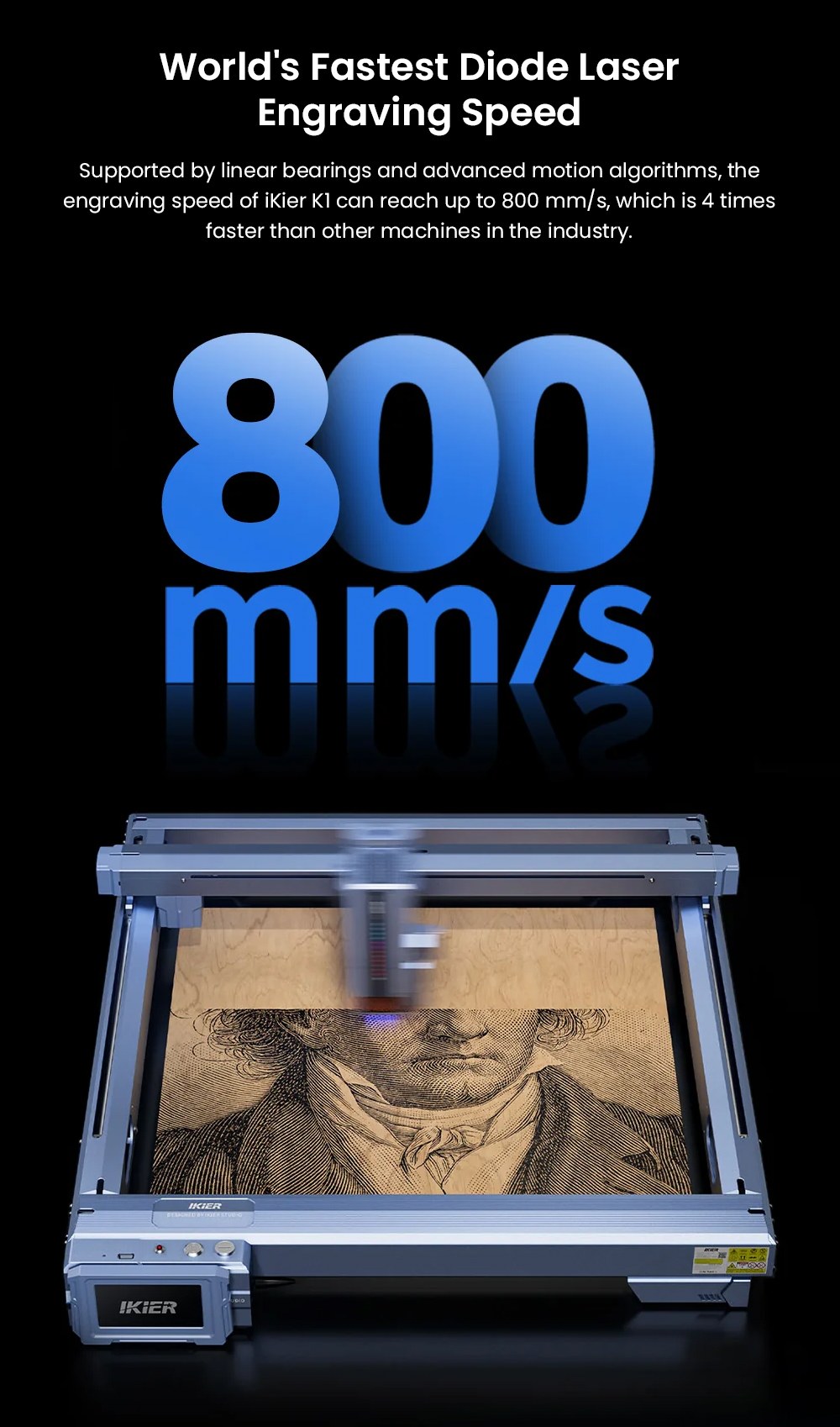 IKIER K1 Pro 24W Lasergravierer, 410 mm × 410 mm Arbeitsbereich, 800 mm/s Geschwindigkeit, 0,08 mm × 0,1 mm Laserfleck, 0,01 mm Präzision, Autofokus, automatisches Versenken und Schneiden in einem Durchgang