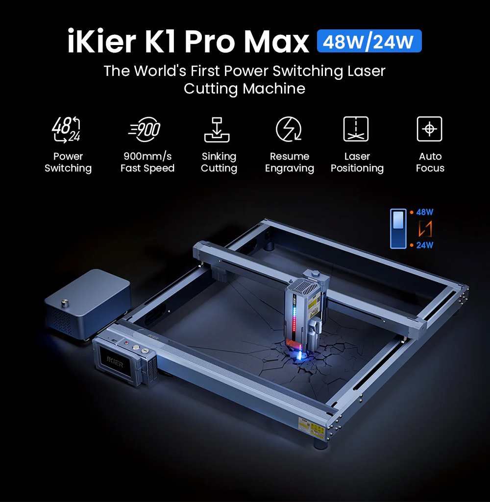 IKIER K1 Pro Max 48W Lasergravierer, 410 mm × 410 mm Arbeitsbereich, 0,01 mm Präzision, 900 mm/s Vorschubgeschwindigkeit, Dual-Gear-Laser, intelligenter Autofokus und automatisches Senkschneiden